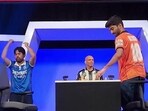 Hikaru Nakamura celebrates after beating D Gukesh. Hikaru Nakamura celebrates after beating D Gukesh.