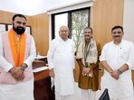 Patna: Bihar Chief Minister Nitish Kumar, Union Education Minister and Bihar BJP election in-charge Dharmendra Pradhan, Bihar Deputy Chief Minister Samrat Choudhary and National Working President JD(U) Sanjay Jha, during a courtesy meeting, in Patna on Sunday. (ANI Photo)