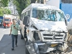 Mumbai, India. Oct 06, 2025 - A man was killed and 6 other persons were injured when a speeding tempo traveller rammed into a BEST bus and two other vehicles at Palza BEST bus Stop in Dadar. Mumbai, India. Oct 06, 2025. (Photo by Raju Shinde/HT Photo) (Raju Shinde) Mumbai, India. Oct 06, 2025 - A man was killed and 6 other persons were injured when a speeding tempo traveller rammed into a BEST bus and two other vehicles at Palza BEST bus Stop in Dadar. Mumbai, India. Oct 06, 2025. (Photo by Raju Shinde/HT Photo) (Raju Shinde)
