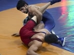 Paris Olympics bronze medallist Aman Sehrawat (in blue) during the World Wrestling Championships trials in Lucknow in August. (PTI)