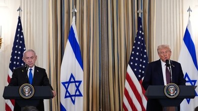US President Donald Trump speaks during a news conference with Israel's Prime Minister Benjamin Netanyahu to announce the Gaza peace plan (AP)