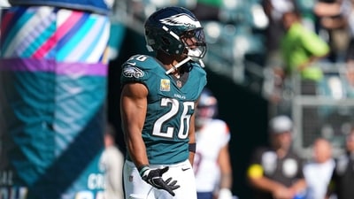Saquon Barkley of the Philadelphia Eagles celebrates a touchdown pass. (Getty Images via AFP) Saquon Barkley of the Philadelphia Eagles celebrates a touchdown pass. (Getty Images via AFP)