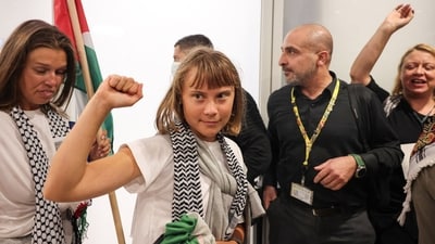 Greta Thunberg at the Athens Eleftherios Venizelos International Airport, in Athens, Greece. (REUTERS)
