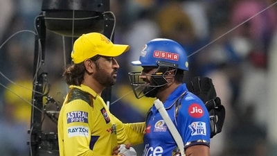 Rohit Sharma , right, greets MS Dhoni at the end the Indian Premier League 2025 match between Chennai Super Kings and Mumbai Indians (AP)