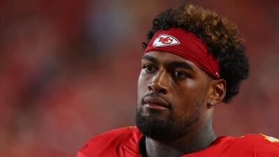Josh Simmons of the Kansas City Chiefs watches a game from the sidelines during the second quarter during the NFL Preseason 2025. (Getty Images via AFP) Josh Simmons of the Kansas City Chiefs watches a game from the sidelines during the second quarter during the NFL Preseason 2025. (Getty Images via AFP)