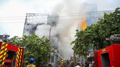 Officials said though all three floors were gutted, the firefighters managed to prevent the fire from spreading to an adjacent paint factory. (Sunil Ghosh/HT Photo) Officials said though all three floors were gutted, the firefighters managed to prevent the fire from spreading to an adjacent paint factory. (Sunil Ghosh/HT Photo)