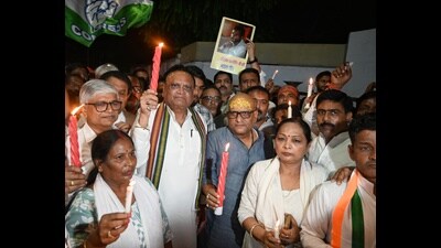 UP Congress president Ajay Rai and other party workers take out a candle march in Lucknow on Tuesday (Mushtaq Ali/HT) UP Congress president Ajay Rai and other party workers take out a candle march in Lucknow on Tuesday (Mushtaq Ali/HT)