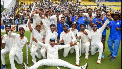 Vidarbha players celebrate after defeating Rest of India in the Irani Cup. (PTI) Vidarbha players celebrate after defeating Rest of India in the Irani Cup. (PTI)