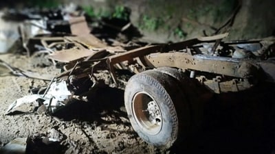 Wrecked remains of a private bus, which was hit by a landslide at the Balurghat area in the Jhandhuta subdivision, in Bilaspur on Tuesday. (Himachal Pradesh DIPR via ANI) Wrecked remains of a private bus, which was hit by a landslide at the Balurghat area in the Jhandhuta subdivision, in Bilaspur on Tuesday. (Himachal Pradesh DIPR via ANI)