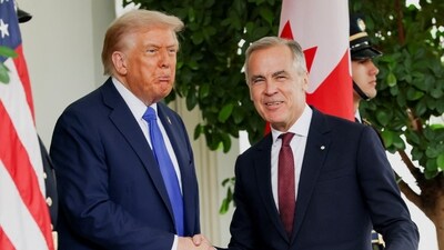 US President Donald Trump welcomes Canada's Prime Minister Mark Carney at the White House in Washington (REUTERS)