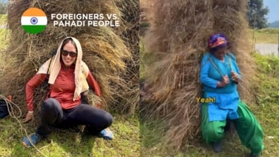 A foreign woman posted a viral clip showing her struggle to lift grass bundles while a Pahadi woman carried them with ease. (Instagram/indra.creativa) A foreign woman posted a viral clip showing her struggle to lift grass bundles while a Pahadi woman carried them with ease. (Instagram/indra.creativa)