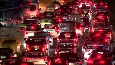 Vehicles stuck in heavy traffic following rain in Delhi-NCR, in Gurugram on Tuesday. (ANI Grab ) Vehicles stuck in heavy traffic following rain in Delhi-NCR, in Gurugram on Tuesday. (ANI Grab )