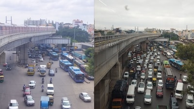 Resident Shivaram shared two photos showing Bengaluru traffic at its extremes. (X/@shivram1150) Resident Shivaram shared two photos showing Bengaluru traffic at its extremes. (X/@shivram1150)