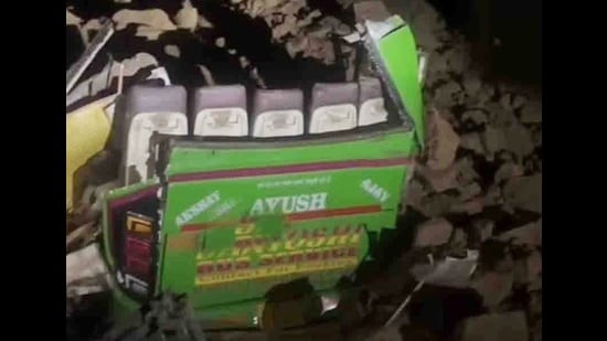 The mangled remains of the bus. (HT Photo)