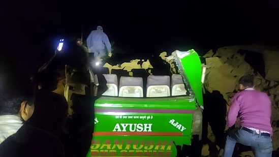 The bus, moving from Marottan to Ghumarwin, was carrying around 30 passengers when boulders hit it, around 6.30 pm. (HT Photo)