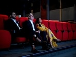 Yash Raj Films CEO Akshaye Widhani, British Prime Minister Keir Starmer and Rani Mukerji watch a screening, during Starmer's visit to Yash Raj Films, in Mumbai, India, October 8, 2025. Leon Neal/Pool via REUTERS