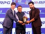 Former Indian cricketer Sunil Gavaskar, center, presents a Memento for Winning Champions Trophy 2025 to cricketer Rohit Sharma, right Former Indian cricketer Sunil Gavaskar, center, presents a Memento for Winning Champions Trophy 2025 to cricketer Rohit Sharma, right