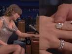 Taylor Swift wore sparkly wedding bands on her left index finger during an appearance on The Tonight Show after her engagement to Travis Kelce(The Tonight Show)