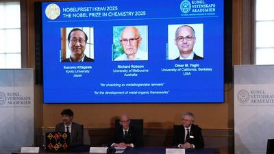 A screen displays the 2025 Nobel Prize laureates in Chemistry, Susumu Kitagawa (Kyoto University, Japan), Richard Robson (University of Melbourne, Australia), and Omar M. Yaghi (University of California, Berkeley, U.S.), as they are announced during a press conference at the Royal Swedish Academy of Sciences in Stockholm. (REUTERS) A screen displays the 2025 Nobel Prize laureates in Chemistry, Susumu Kitagawa (Kyoto University, Japan), Richard Robson (University of Melbourne, Australia), and Omar M. Yaghi (University of California, Berkeley, U.S.), as they are announced during a press conference at the Royal Swedish Academy of Sciences in Stockholm. (REUTERS)