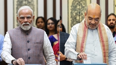 Prime Minister Narendra Modi and home minister Amit Shah during the recent vice-presidential election at Parliament House in New Delhi. (ANI) Prime Minister Narendra Modi and home minister Amit Shah during the recent vice-presidential election at Parliament House in New Delhi. (ANI)