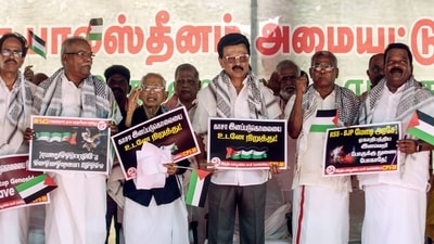Tamil Nadu Chief Minister MK Stalin, CPI(M) State Secretary P. Shanmugam and other party members participate in a protest organised by CPI(M) condemning the situation in Gaza in Chennai on Wednesday. (ANI Photo) (Lakshmi) Tamil Nadu Chief Minister MK Stalin, CPI(M) State Secretary P. Shanmugam and other party members participate in a protest organised by CPI(M) condemning the situation in Gaza in Chennai on Wednesday. (ANI Photo) (Lakshmi)