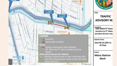 The affected stretch runs from the 9th Main Road Junction to the 5th Main Road Junction. (X/@hsrltrafficps) The affected stretch runs from the 9th Main Road Junction to the 5th Main Road Junction. (X/@hsrltrafficps)