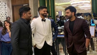 Rohit Sharma alongside Shreyas Iyer and Sanju Samson at the CEAT Awards. Rohit Sharma alongside Shreyas Iyer and Sanju Samson at the CEAT Awards.