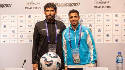 India head coach Khalid Jamil (L) with forward Vikram Partap Singh at the media conference in Singapore on Wednesday. (AIFF) India head coach Khalid Jamil (L) with forward Vikram Partap Singh at the media conference in Singapore on Wednesday. (AIFF)