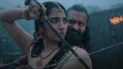 Kantara Chapter 1 box office collection day 7: Rukmini Vasanth and Rishab Shetty in a still from the film. Kantara Chapter 1 box office collection day 7: Rukmini Vasanth and Rishab Shetty in a still from the film.