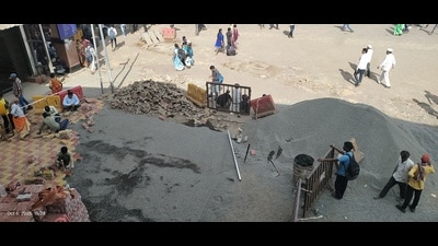 Large cement blocks around the circulating area are being removed and replaced, disrupting passenger movement at the station. (HT PHOTO)