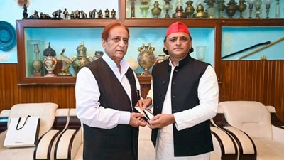 In this image received on Oct. 8, 2025, Samajwadi Party President Akhilesh Yadav with senior party leader Azam Khan during a meeting, in Rampur, Uttar Pradesh. (Handout via PTI Photo) (PTI) In this image received on Oct. 8, 2025, Samajwadi Party President Akhilesh Yadav with senior party leader Azam Khan during a meeting, in Rampur, Uttar Pradesh. (Handout via PTI Photo) (PTI)