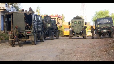 Security heightens after joint teams of the J&K Police, army, and CRPF have cordoned off the Beeranthub area under Kandi police station, and launched a search operation after an exchange of fire took place between terrorists and the SOG team, in Rajouri. (ANI) Security heightens after joint teams of the J&K Police, army, and CRPF have cordoned off the Beeranthub area under Kandi police station, and launched a search operation after an exchange of fire took place between terrorists and the SOG team, in Rajouri. (ANI)