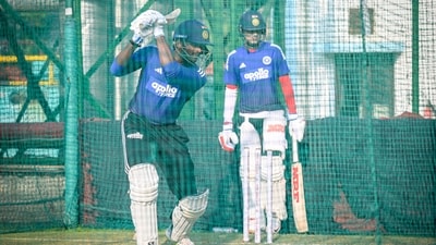 India's Sai Sudharsan along with Shubman Gill during a practice session ahead of the second and final Test cricket match of the series between India and West Indies in New Delhi (Hindustan Times) India's Sai Sudharsan along with Shubman Gill during a practice session ahead of the second and final Test cricket match of the series between India and West Indies in New Delhi (Hindustan Times)