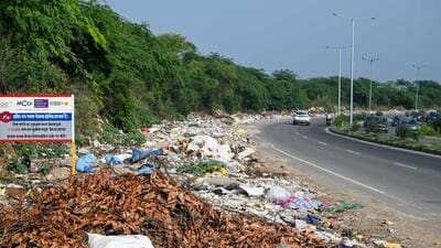 Waste seen on the Gurugram–Faridabad Road on Wednesday. Waste seen on the Gurugram–Faridabad Road on Wednesday.