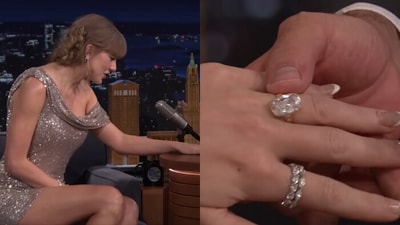 Taylor Swift wore sparkly wedding bands on her left index finger during an appearance on The Tonight Show after her engagement to Travis Kelce (The Tonight Show) Taylor Swift wore sparkly wedding bands on her left index finger during an appearance on The Tonight Show after her engagement to Travis Kelce (The Tonight Show)