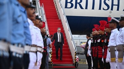 British Prime Minister Keir Starmer arrives at Chhatrapati Shivaji Maharaj International Airport in Mumbai, India, October 8, 2025. Leon Neal/Pool via REUTERS (via REUTERS)