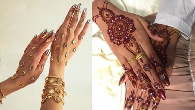 Bindi mehendi from Amama and embellished mehendi design paired with traditional henna by mehendi artist Nisha Gupta Bindi mehendi from Amama and embellished mehendi design paired with traditional henna by mehendi artist Nisha Gupta