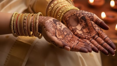 Mehendi with a playful depiction of a husband and wife exchanging glances through a sieve. Mehendi with a playful depiction of a husband and wife exchanging glances through a sieve. 