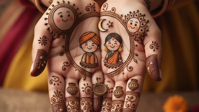 A design featuring tiny caricatures of a couple looking at the moon. A design featuring tiny caricatures of a couple looking at the moon.