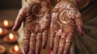 Mehendi with celestial elements like stars, moons, and planets intertwined with traditional patterns. Mehendi with celestial elements like stars, moons, and planets intertwined with traditional patterns.