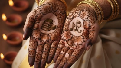 Mehendi with small, illustrative motifs of everyday objects representing the couple's hobbies or shared interests (e.g., a tiny book and a coffee cup). Mehendi with small, illustrative motifs of everyday objects representing the couple's hobbies or shared interests (e.g., a tiny book and a coffee cup). 