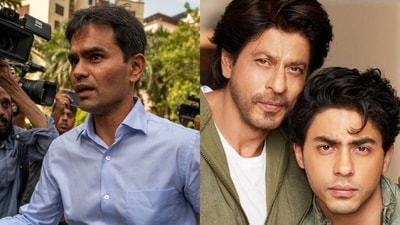 Sameer Wankhede (left), Shah Rukh Khan and son Aryan (right)