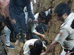 A local alleged that the construction contractor had placed iron bars on the street and blocked the road. (HT PHOTO)
