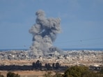 Smoke rises from explosions in Gaza, as seen from southern Israel, October 7, 2025.