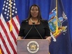 New York Attorney General Letitia James speaks during a press conference following a ruling against Trump