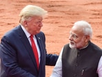 US President Donald Trump with Prime Minister Narendra Modi at Rashtrapati Bhavan, in New Delhi. US President Donald Trump with Prime Minister Narendra Modi at Rashtrapati Bhavan, in New Delhi.