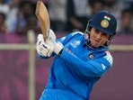 Smriti Mandhana plays a shot during the ICC Women's World Cup ODI cricket match between India Women and South Africa Women.