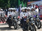 The 50 QRT motorcycles being flagged off during an event at Tagore Theatre, Chandigarh, on Wednesday. (Keshav Singh/HT) The 50 QRT motorcycles being flagged off during an event at Tagore Theatre, Chandigarh, on Wednesday. (Keshav Singh/HT)