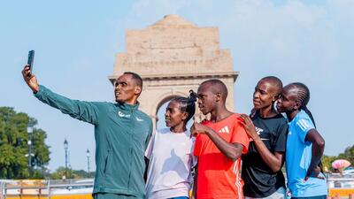 Birhanu Legese takes a selfie with other elite runners for Vedanta Delhi Half Marathon. (HT) Birhanu Legese takes a selfie with other elite runners for Vedanta Delhi Half Marathon. (HT)