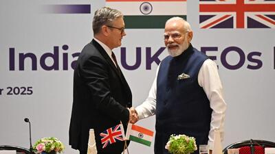 British Prime Minister Keir Starmer, left and Prime Minister of India Narendra Modi attend the India-UK CEO Forum at Jio World Convention Centre in Mumbai, India, Thursday, Oct. 9, 2025. AP/PTI(AP10_09_2025_000275A) (AP) British Prime Minister Keir Starmer, left and Prime Minister of India Narendra Modi attend the India-UK CEO Forum at Jio World Convention Centre in Mumbai, India, Thursday, Oct. 9, 2025. AP/PTI(AP10_09_2025_000275A) (AP)